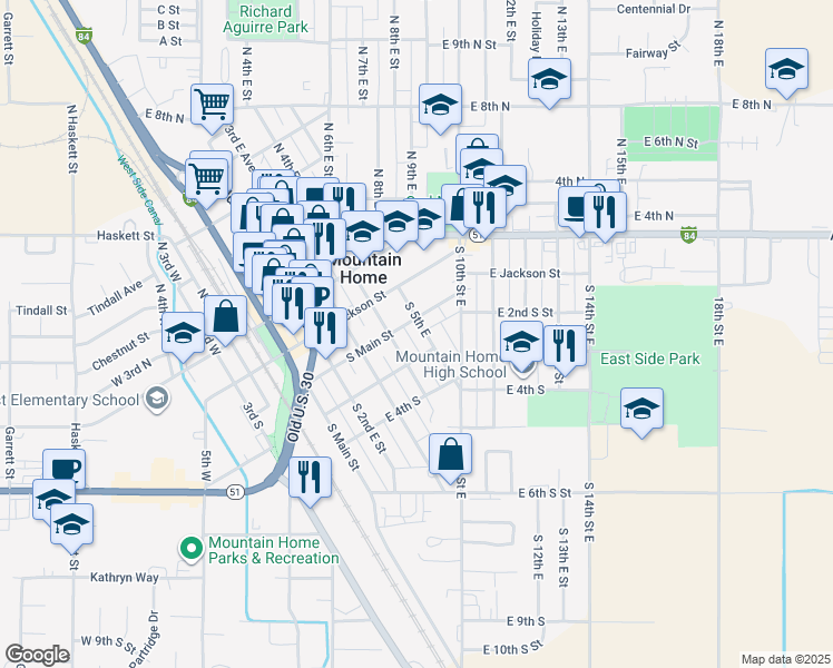 map of restaurants, bars, coffee shops, grocery stores, and more near 245 South 5th East in Mountain Home