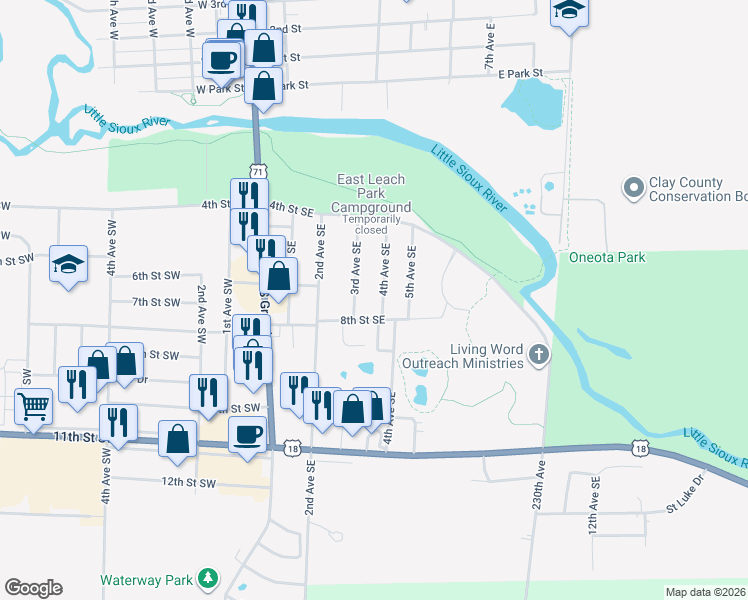 map of restaurants, bars, coffee shops, grocery stores, and more near 711 4th Avenue Southeast in Spencer