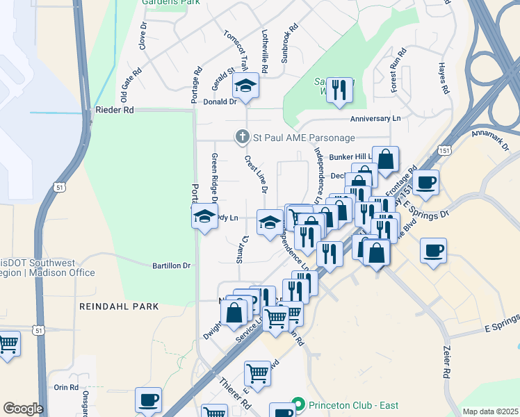 map of restaurants, bars, coffee shops, grocery stores, and more near 2406 Crest Line Drive in Madison