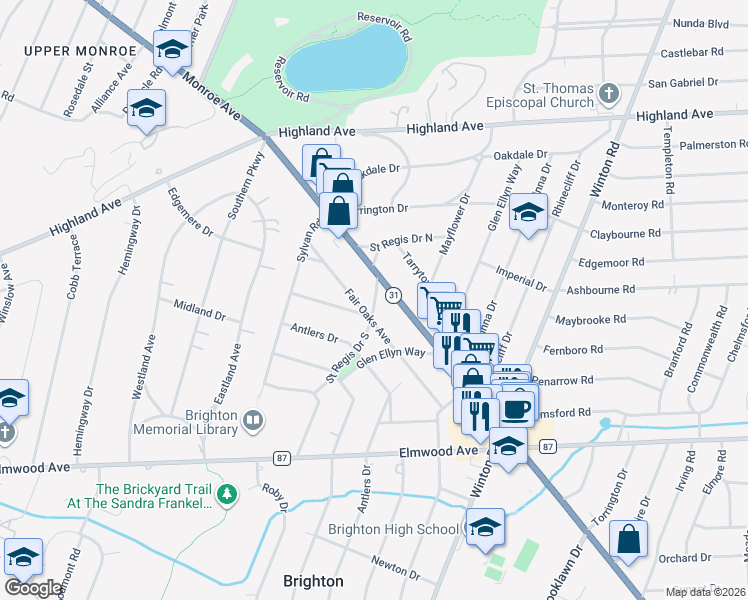 map of restaurants, bars, coffee shops, grocery stores, and more near 120 Fair Oaks Avenue in Rochester