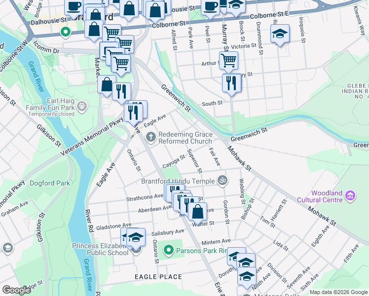 map of restaurants, bars, coffee shops, grocery stores, and more near 58 Cayuga Street in Brantford