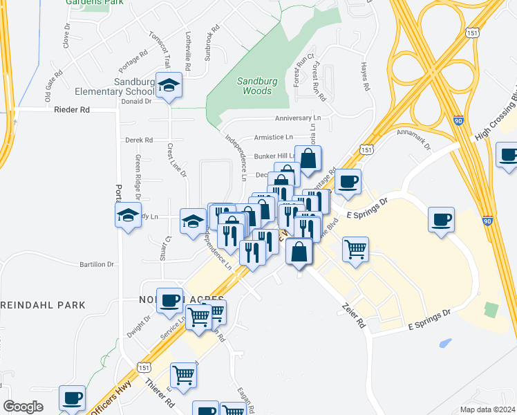 map of restaurants, bars, coffee shops, grocery stores, and more near 2333 Columbus Lane in Madison