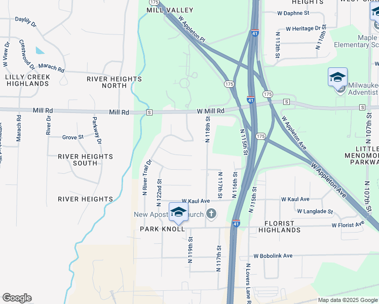 map of restaurants, bars, coffee shops, grocery stores, and more near 11900 West Douglas Avenue in Milwaukee