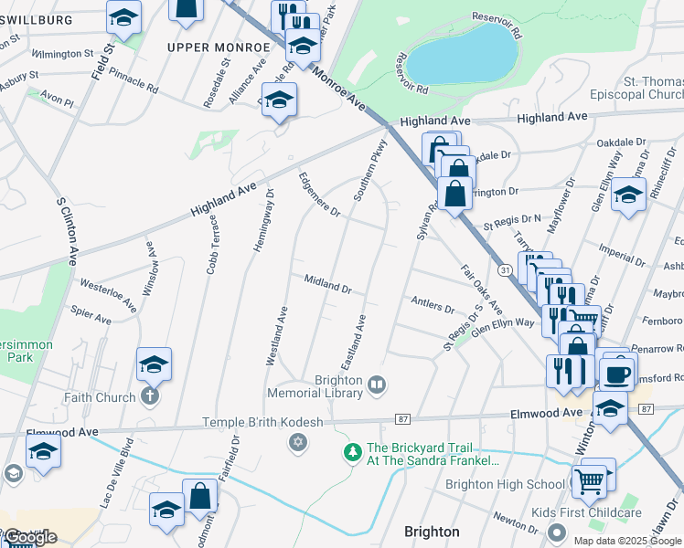 map of restaurants, bars, coffee shops, grocery stores, and more near 82 Southern Parkway in Rochester