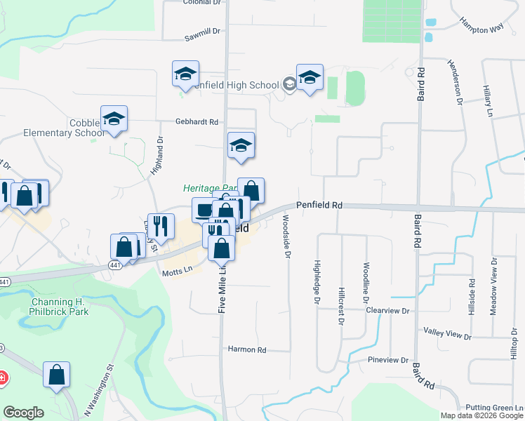 map of restaurants, bars, coffee shops, grocery stores, and more near 1860 New York 441 in Penfield