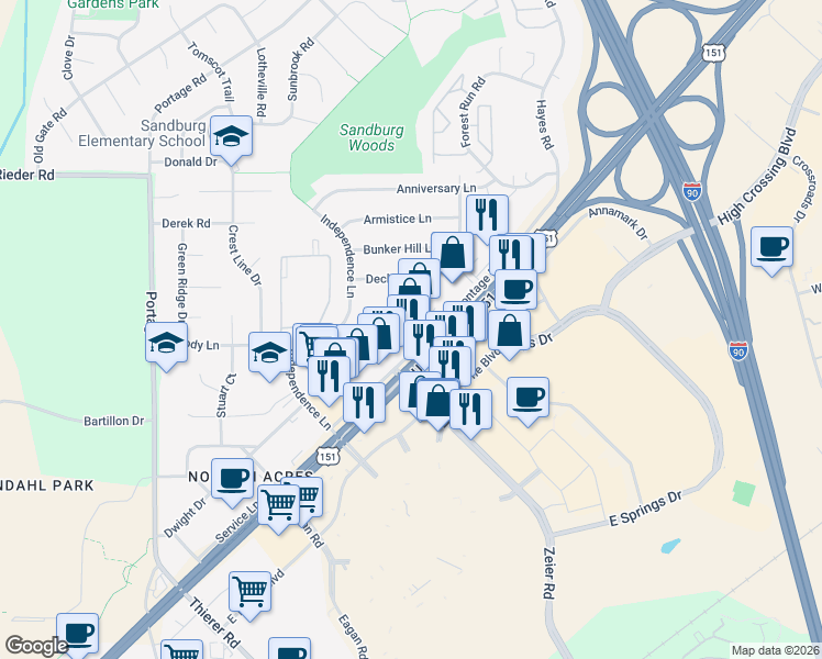 map of restaurants, bars, coffee shops, grocery stores, and more near 4630 E Washington Ave in Madison