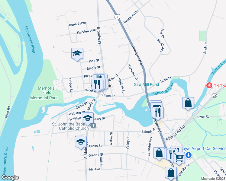 map of restaurants, bars, coffee shops, grocery stores, and more near 36 Church Street in Suncook