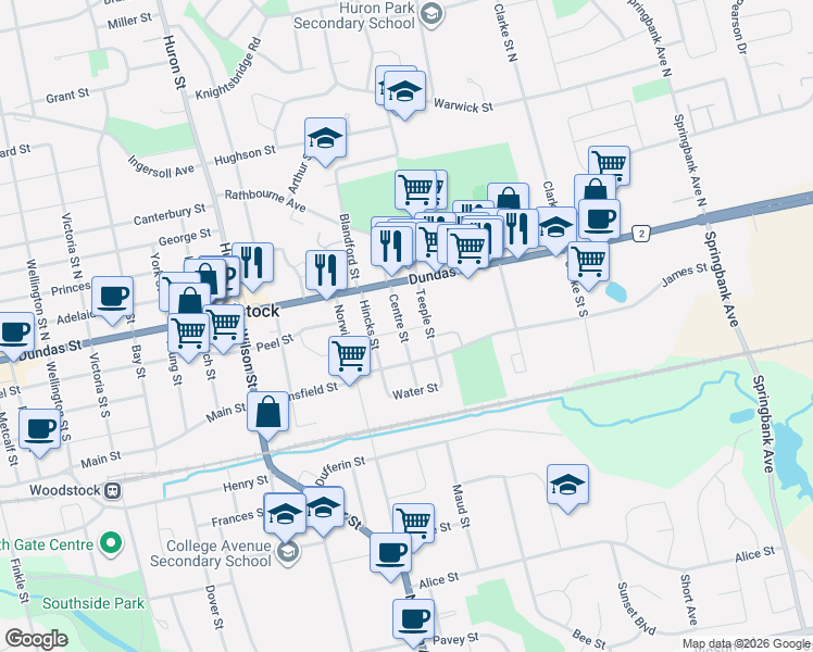 map of restaurants, bars, coffee shops, grocery stores, and more near 39 Centre Street in Woodstock