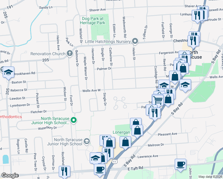 map of restaurants, bars, coffee shops, grocery stores, and more near 401 Wells Ave W in North Syracuse