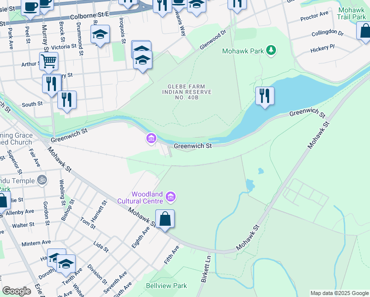 map of restaurants, bars, coffee shops, grocery stores, and more near 565 Greenwich Street in Brantford