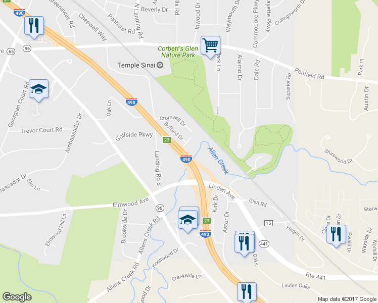 map of restaurants, bars, coffee shops, grocery stores, and more near 5 Hillsboro Road in Rochester