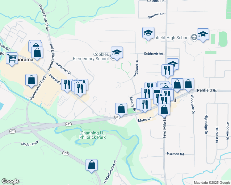 map of restaurants, bars, coffee shops, grocery stores, and more near 1730 Penfield Road in Penfield