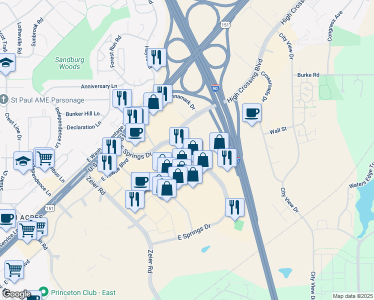 map of restaurants, bars, coffee shops, grocery stores, and more near 2434 East Springs Drive in Madison