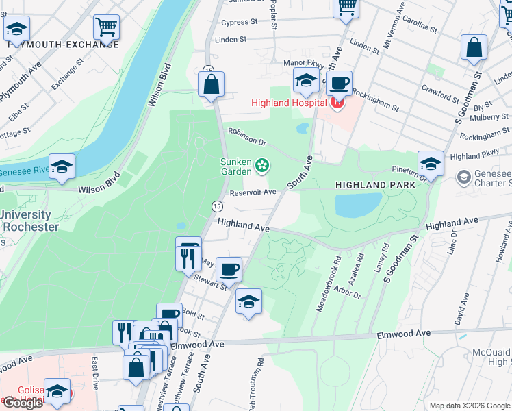 map of restaurants, bars, coffee shops, grocery stores, and more near 40 Pavilion Street in Rochester