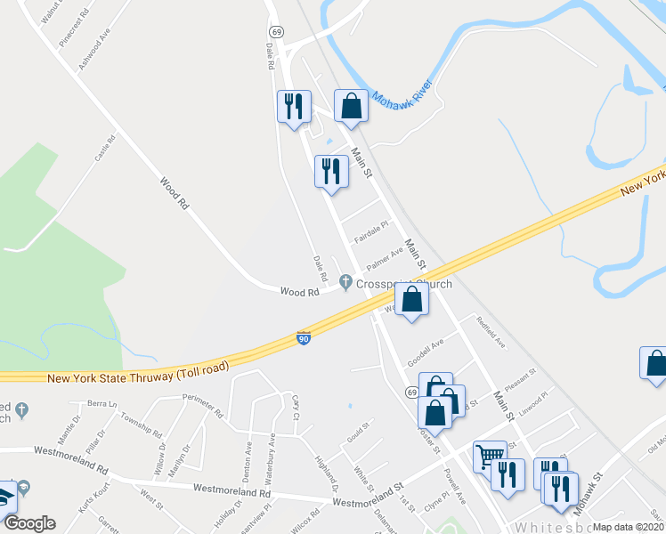map of restaurants, bars, coffee shops, grocery stores, and more near 2 Wood Road in Whitesboro