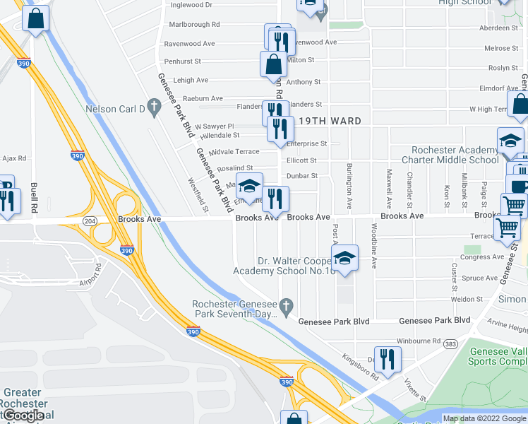 map of restaurants, bars, coffee shops, grocery stores, and more near 606 Brooks Ave in Rochester
