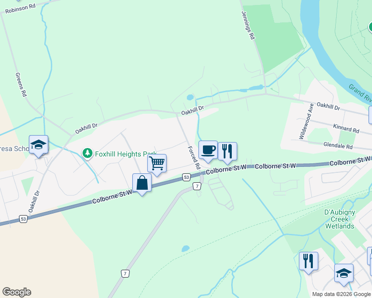 map of restaurants, bars, coffee shops, grocery stores, and more near 21 Forced Road in Brantford