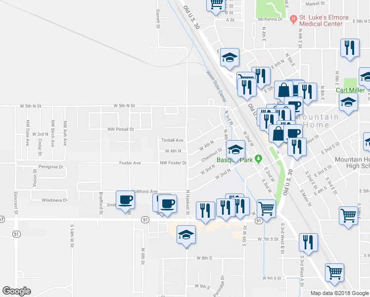 map of restaurants, bars, coffee shops, grocery stores, and more near 902 West 4th North in Mountain Home