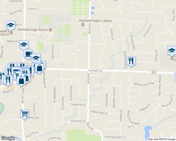 map of restaurants, bars, coffee shops, grocery stores, and more near 1941 Penfield Road in Penfield