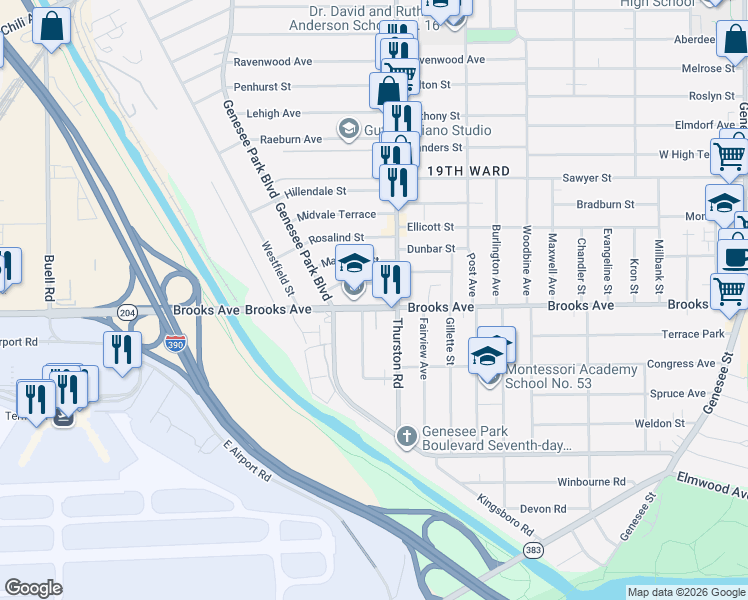 map of restaurants, bars, coffee shops, grocery stores, and more near 606 Brooks Avenue in Rochester