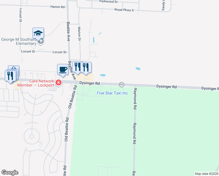 map of restaurants, bars, coffee shops, grocery stores, and more near 6580 Dysinger Road in Lockport