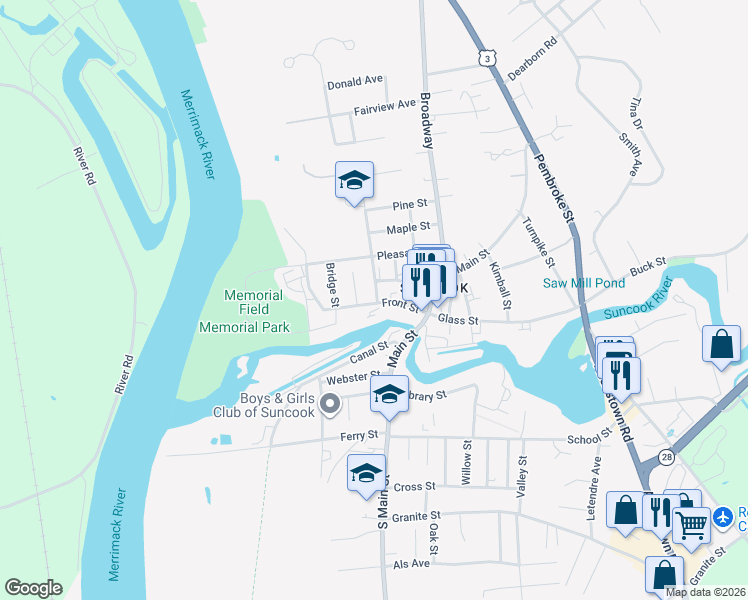 map of restaurants, bars, coffee shops, grocery stores, and more near 52 Front Street in Suncook