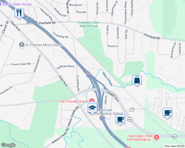 map of restaurants, bars, coffee shops, grocery stores, and more near 5 Hillsboro Road in Rochester