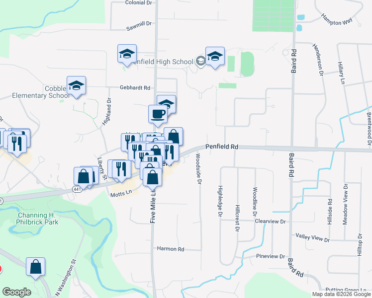map of restaurants, bars, coffee shops, grocery stores, and more near 1862 Penfield Road in Penfield