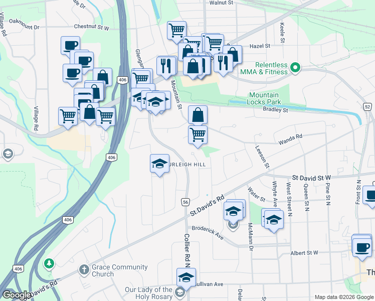 map of restaurants, bars, coffee shops, grocery stores, and more near in St. Catharines