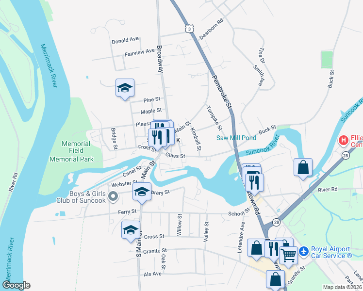 map of restaurants, bars, coffee shops, grocery stores, and more near 36 Church Street in Suncook