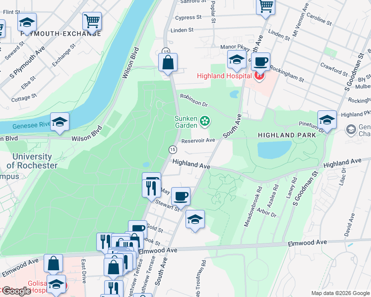 map of restaurants, bars, coffee shops, grocery stores, and more near 77 Pavilion Street in Rochester