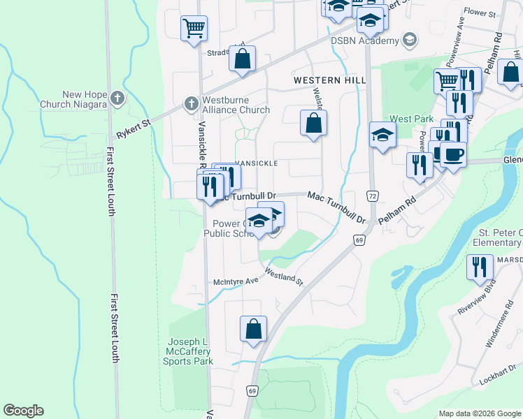 map of restaurants, bars, coffee shops, grocery stores, and more near in St. Catharines