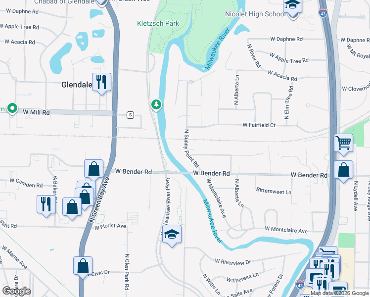 map of restaurants, bars, coffee shops, grocery stores, and more near 6265 North Sunny Point Road in Glendale