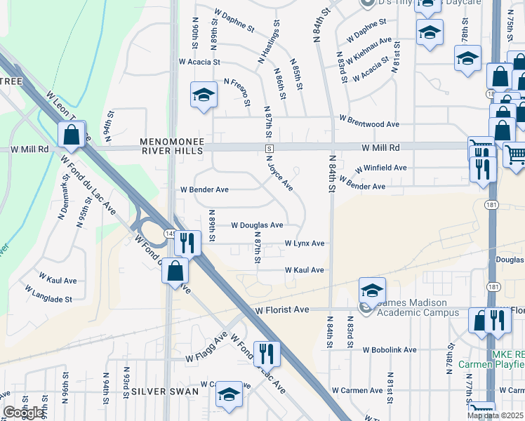 map of restaurants, bars, coffee shops, grocery stores, and more near 8647 West Monrovia Avenue in Milwaukee