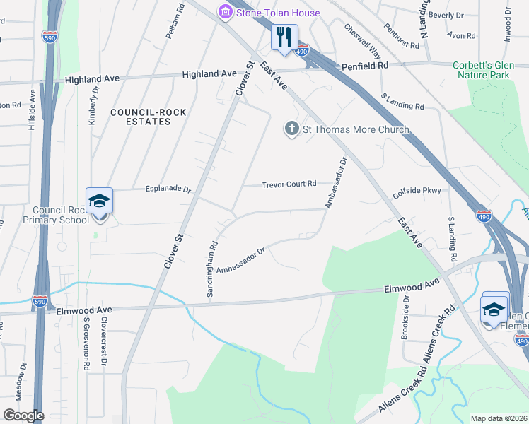 map of restaurants, bars, coffee shops, grocery stores, and more near 121 Sandringham Road in Rochester