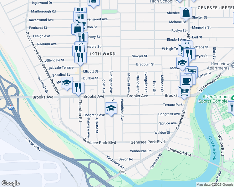 map of restaurants, bars, coffee shops, grocery stores, and more near 393 Brooks Avenue in Rochester