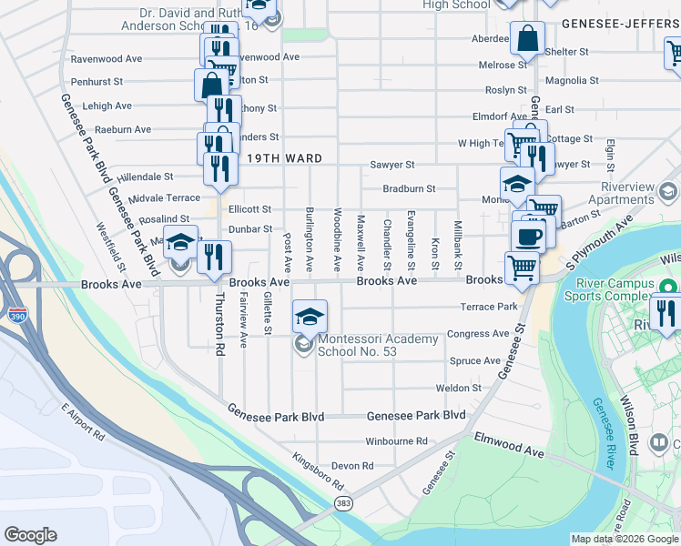 map of restaurants, bars, coffee shops, grocery stores, and more near 341-345 Brooks Avenue in Rochester