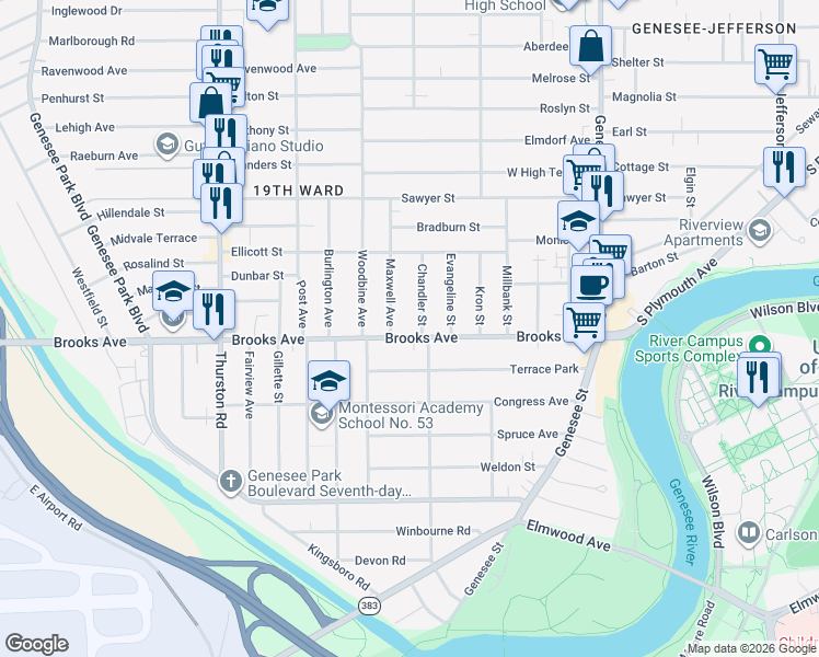 map of restaurants, bars, coffee shops, grocery stores, and more near 287 Brooks Avenue in Rochester