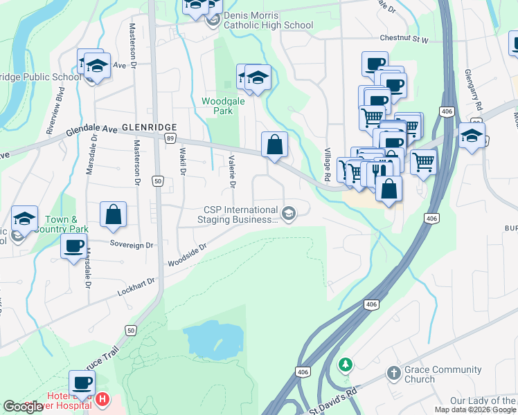 map of restaurants, bars, coffee shops, grocery stores, and more near in St. Catharines
