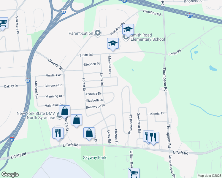 map of restaurants, bars, coffee shops, grocery stores, and more near 29 Bellewood Circle in Syracuse