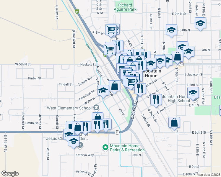 map of restaurants, bars, coffee shops, grocery stores, and more near 210 North 3rd West in Mountain Home