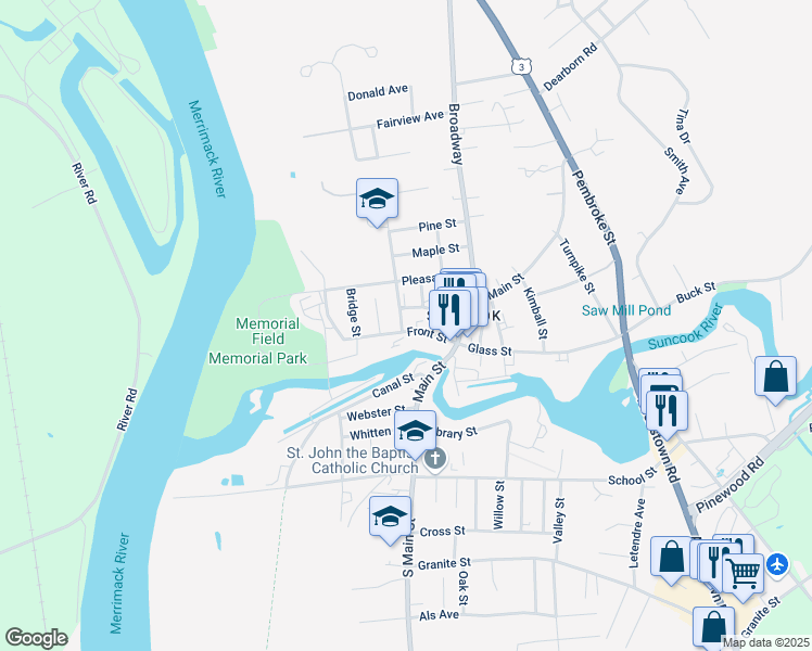 map of restaurants, bars, coffee shops, grocery stores, and more near 52 Front Street in Suncook