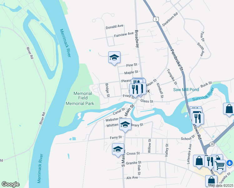map of restaurants, bars, coffee shops, grocery stores, and more near 52 Front Street in Suncook