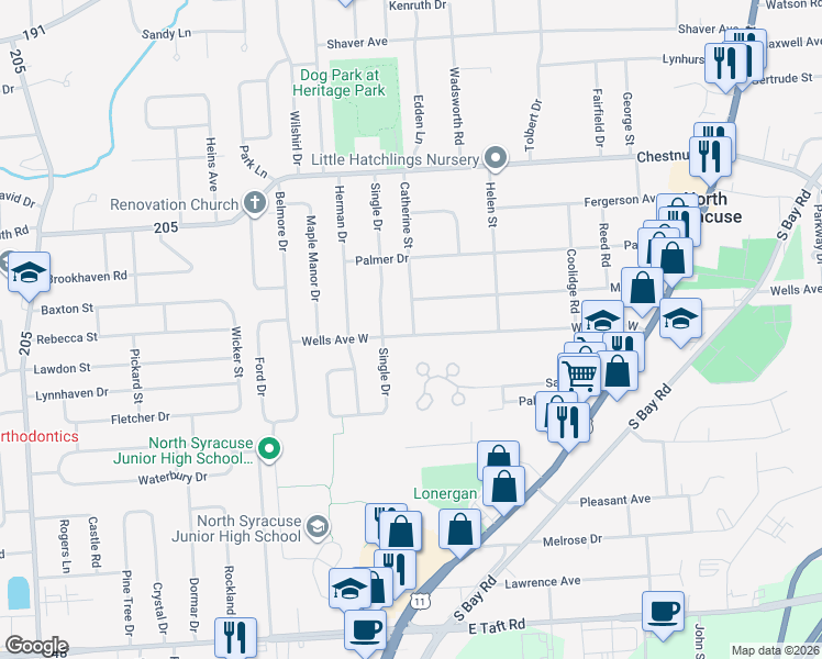 map of restaurants, bars, coffee shops, grocery stores, and more near 401 Wells Avenue West in North Syracuse