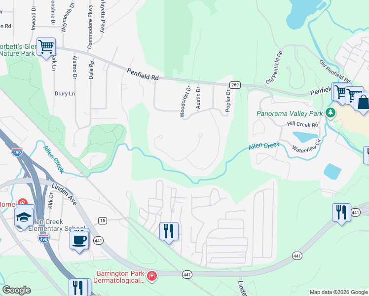 map of restaurants, bars, coffee shops, grocery stores, and more near 90 Shirewood Drive in Rochester
