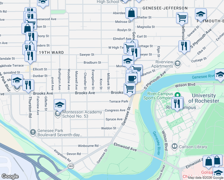 map of restaurants, bars, coffee shops, grocery stores, and more near 123 Brooks Avenue in Rochester