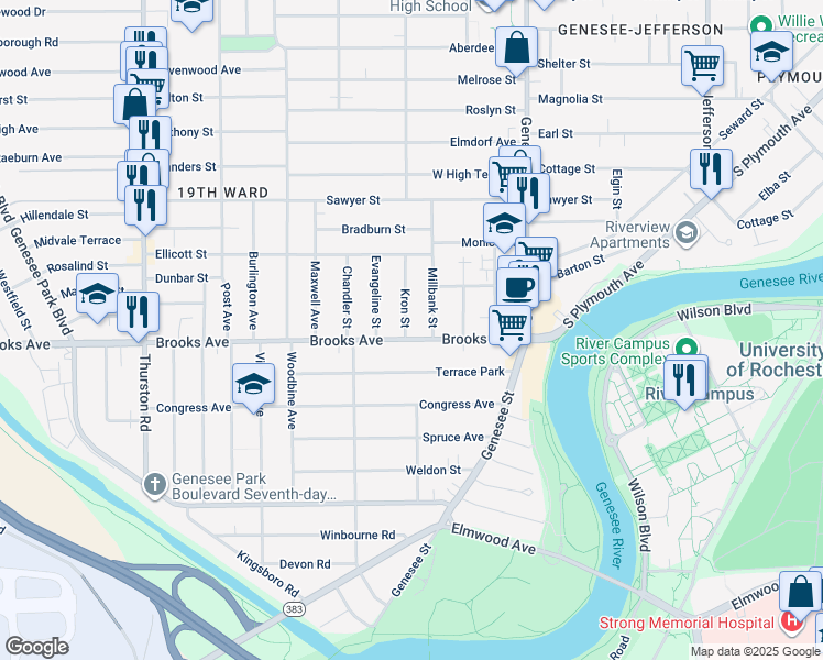 map of restaurants, bars, coffee shops, grocery stores, and more near 177 Brooks Avenue in Rochester