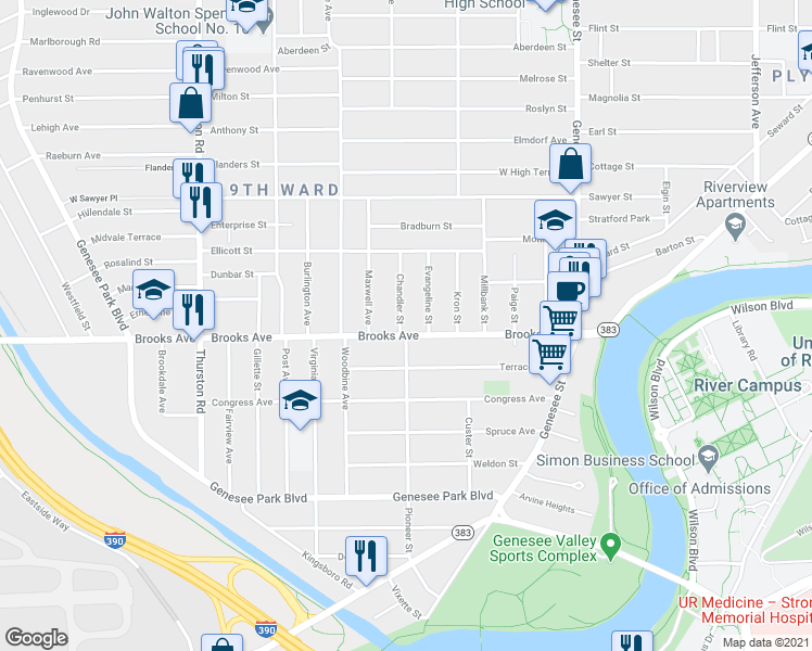 map of restaurants, bars, coffee shops, grocery stores, and more near 287 Brooks Avenue in Rochester