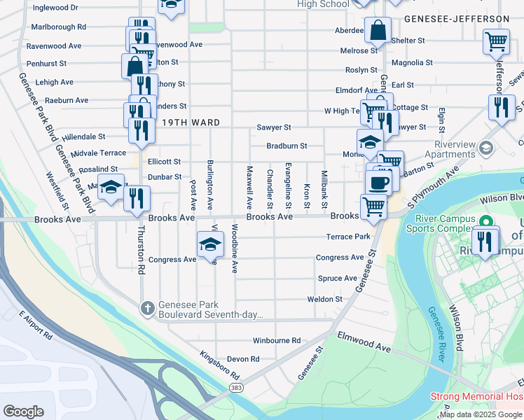 map of restaurants, bars, coffee shops, grocery stores, and more near 287 Brooks Avenue in Rochester