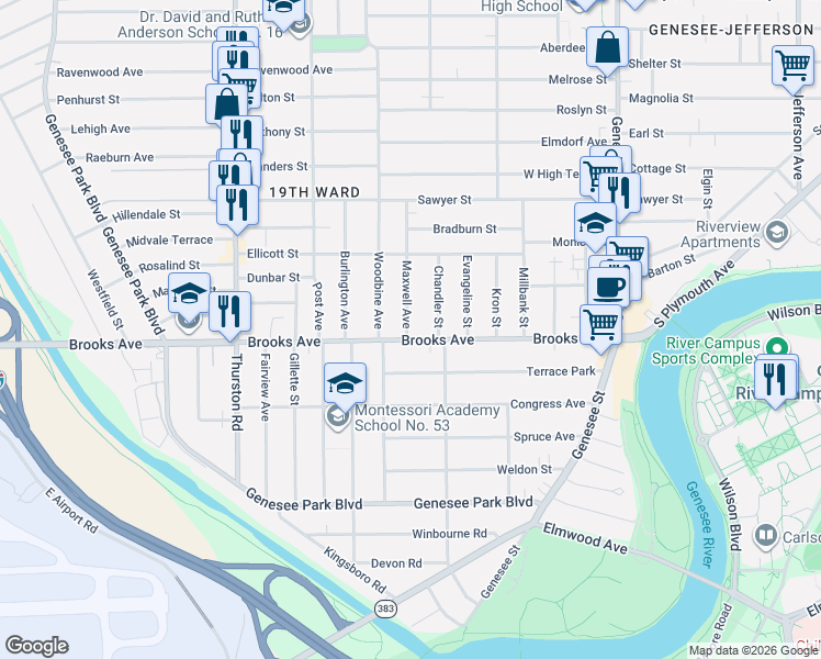 map of restaurants, bars, coffee shops, grocery stores, and more near 342 Brooks Avenue in Rochester